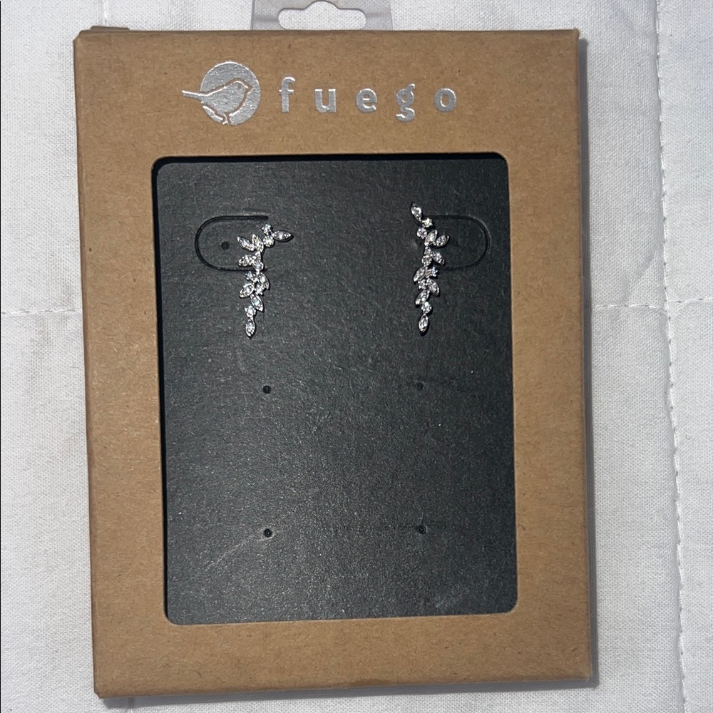 Fuego CZ Crawler Leaf Silver Earrings Sparkle Crystal Dangle Drop‎